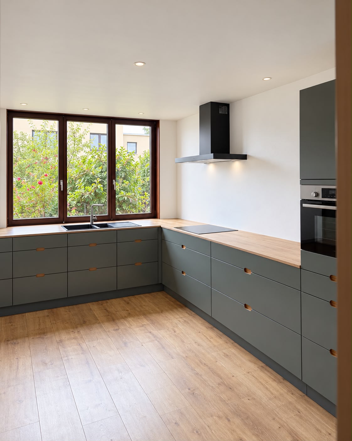 De gerenoveerde keuken met groene kasten en houtlook werkblad